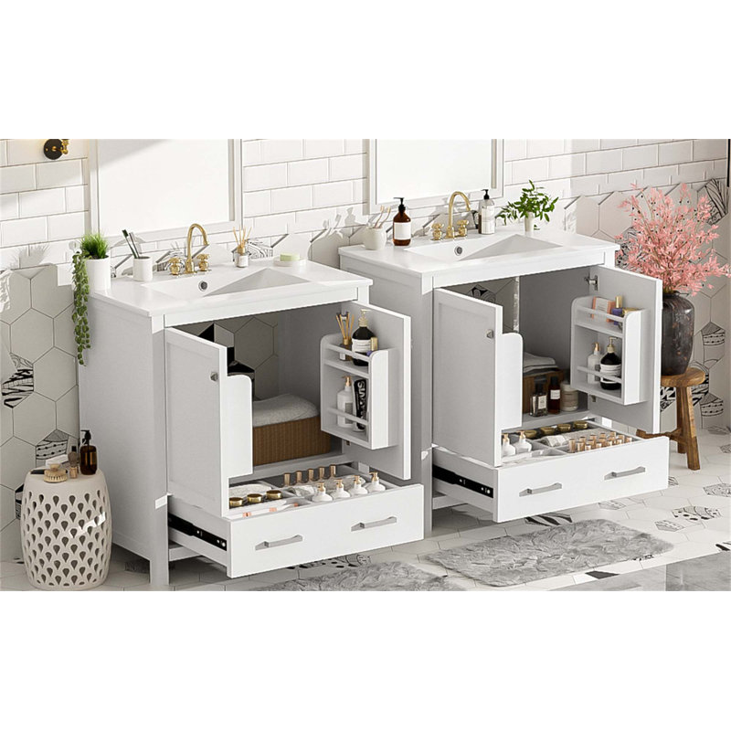 Ensemble de meuble-lavabo moderne avec lavabos doubles et options de rangement polyvalentes, Blanc