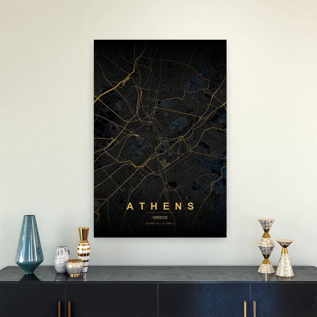 Golden Athens Map Minimalist Modern Abstract City Wall Art Print