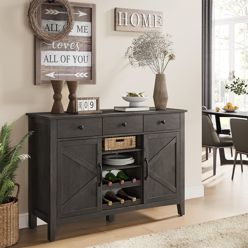 45.1" Gray Farmhouse Sideboard with Wine Rack and Storage