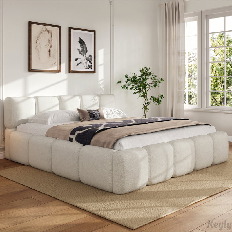 Upholstery Grounded Beds with Boucle Thick Headboard, King