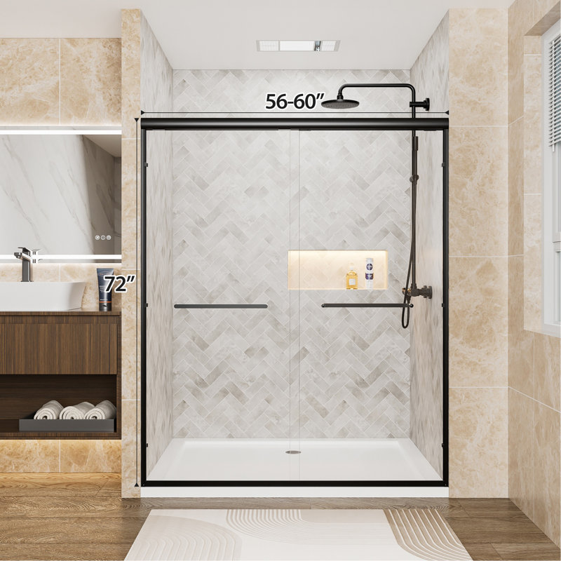 56"-60" W X 72" H Matte Black Aluminum Frame Double Sliding Shower Door, 1/4" (6Mm) Clear Tempered Glass With Explosion-Proof Film, Dual Stainless Steel Handles
