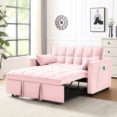 Velours 3 en 1 convertible rose avec lit escamotable et coussins de soutien pour un salon confortable