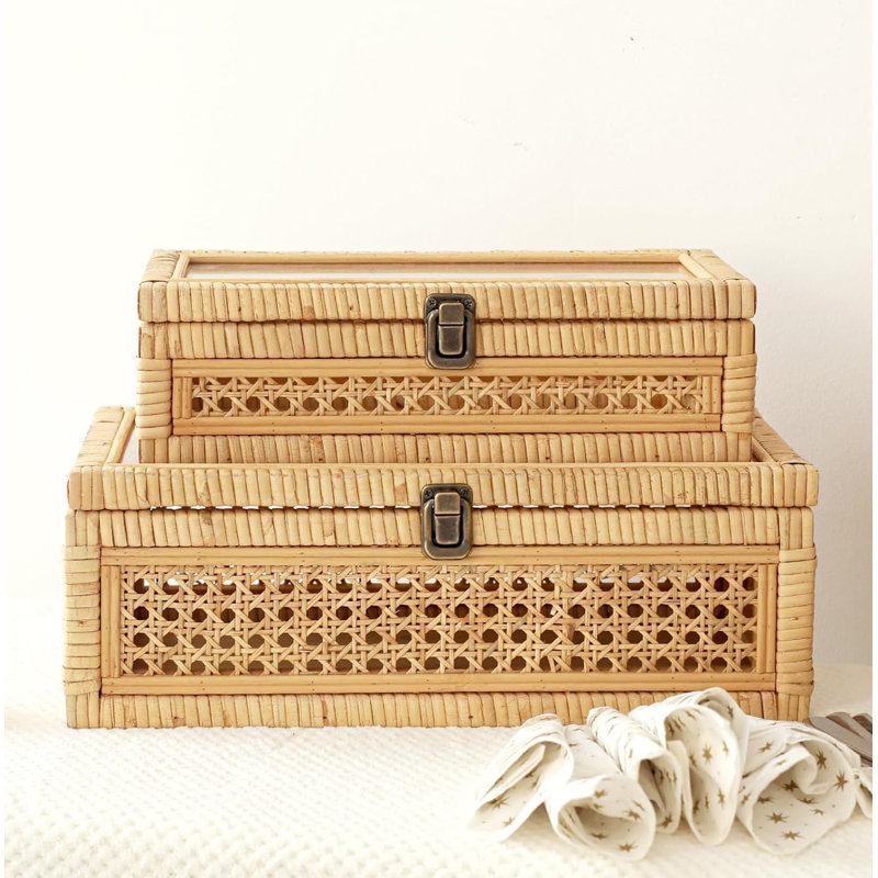 Natural Rattan and Cane Stackable Boxes with Glass Lids