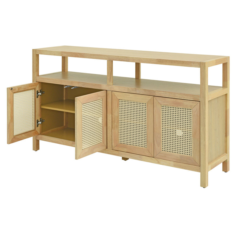 Bohemian Style Rattan Buffet Storage Cabinet with Solid Wood Frame, Push-to-Open Design, Natural