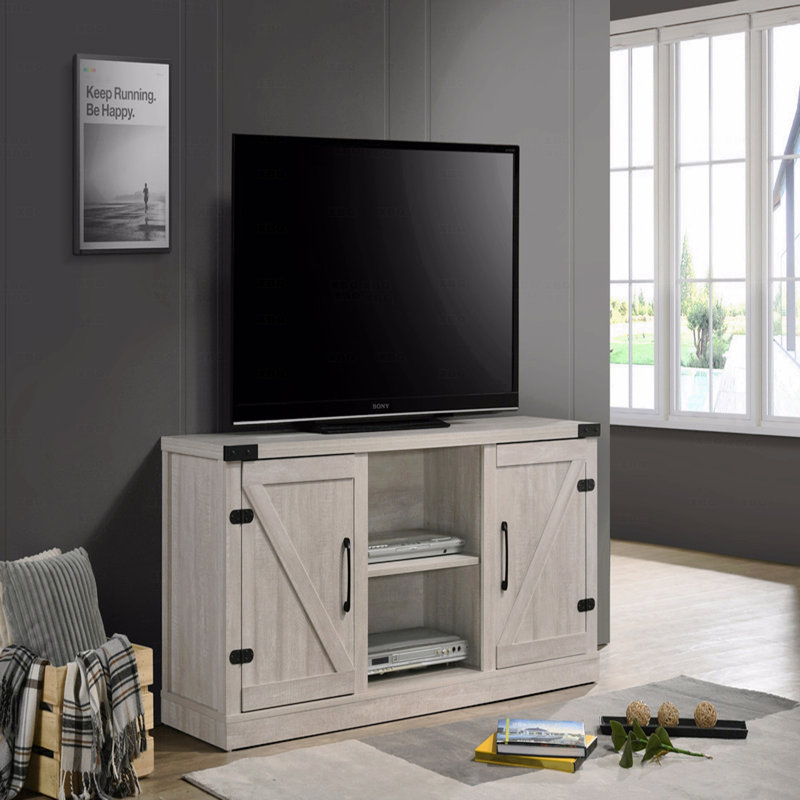 Meuble télé en gris poussiéreux, 2 tablettes et armoires ouvertes pour téléviseurs de 63 po, caractéristiques exceptionnelles, emplacement pour la gestion des câbles, maintien de basculement, télévision à panneau de particules gris avec et armoires,