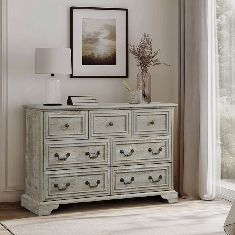 Commode 7 tiroirs Farmhouse pour chambre à coucher, commode rustique avec texture naturelle, design rétro, commodes de rangement