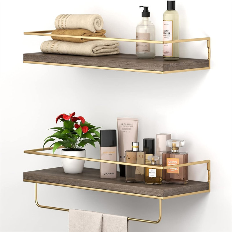 Coster 2 Piece Wood Floating Shelf, Brown/Gold