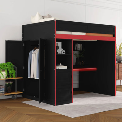 Lit mezzanine pleine grandeur avec bureau, rangement et lumières DEL, lit mezzanine en bois avec garde-robe de rangement pour les adolescents adultes