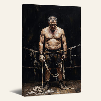 Tableau sur toile représentant un boxeur tenant des bandages dans un ring sombre