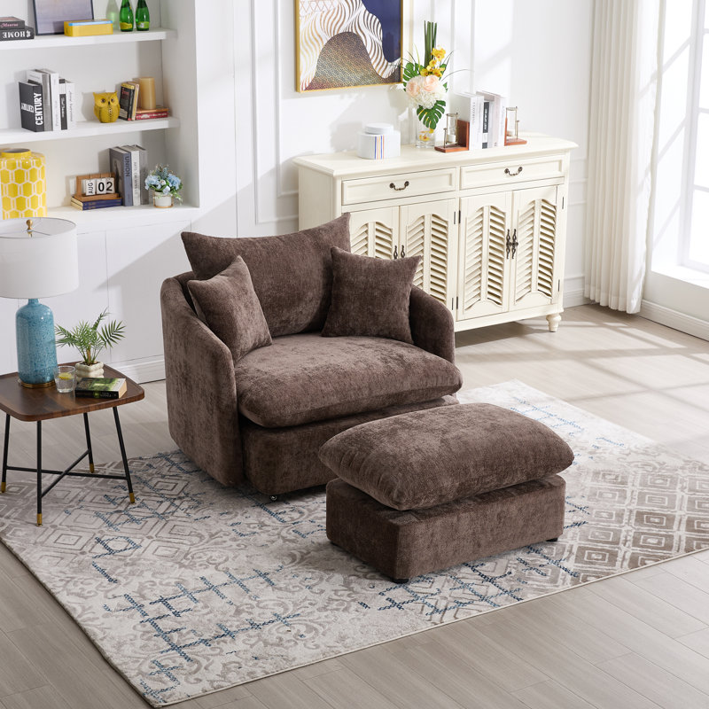 46" Oversized Swivel Chair With Ottoman Upholstered Deep Seat Accent Chair With 2 Pillows Suitable For Living Room, Bedroom, Lounge, Office