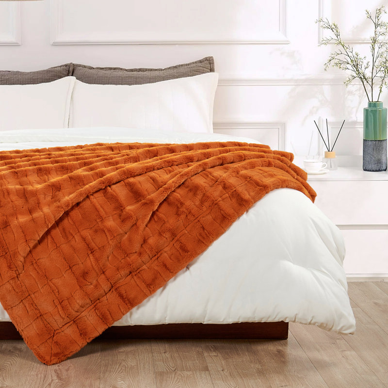 Jeté élégant en fausse fourrure, Orange brûlé, L 60 po x L 70 po