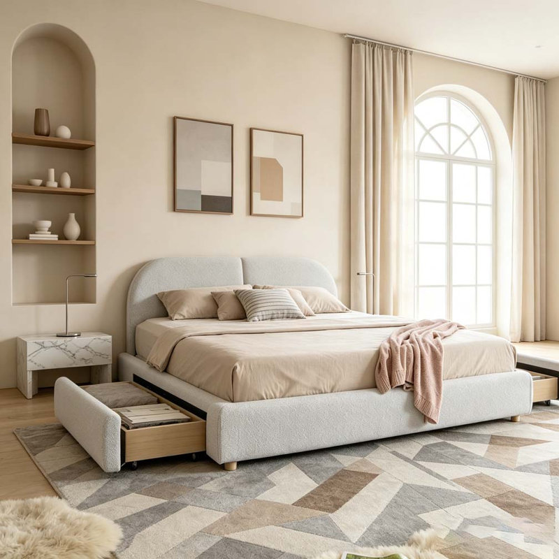 Tête de lit courbée de style moderne et minimaliste avec pieds incurvés et pieds robustes, Grand lit, Beige, Tiroir