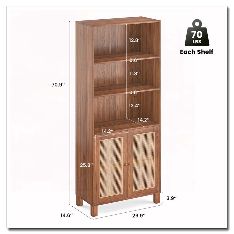 Bookcase with Rattan Doors,5 Tier Storage Wood Shelves, Natural