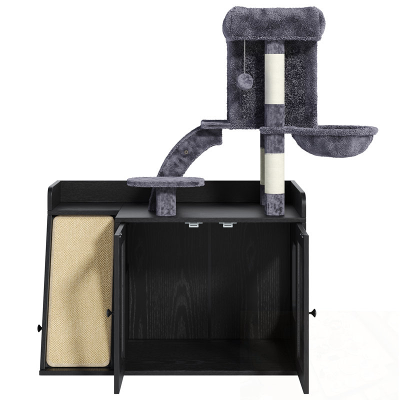 Enceinte de litière avec arbre à chat, lumière DEL, planche à griffer en sisal et espace de rangement, Noir