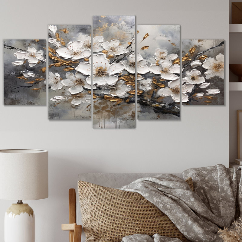 White Grey Cherry Blossum Harmony I - Floral Metal Wall Art Prints Set