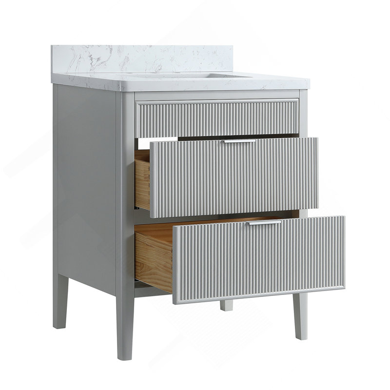 Ensemble de meuble-lavabo autoportant 30 po avec 2 ensembles de poignées et plateau en marbre d'ingénierie entièrement assemblé gris