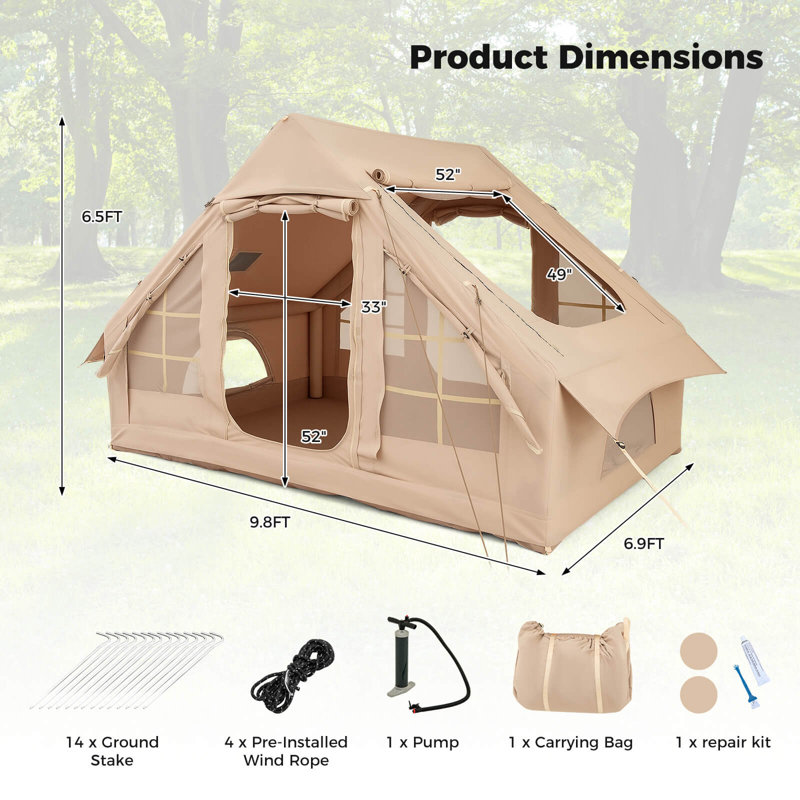 Tente gonflable pour 4 à 6 personnes avec 4 fenêtres moustiquaires et 2 portes Skylight, Beige
