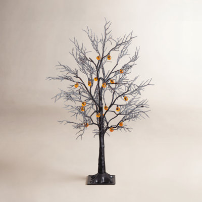 Pre-Lit Artificial Halloween Black Twig Tree With 18 Orange LED Pumpkin Shaped Lights