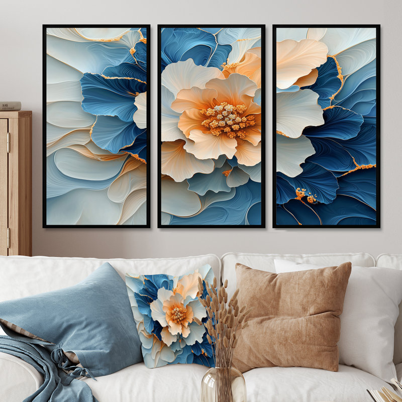 Abstrait aquarelle pivoines sur Marble River II - art mural pivoines - ensemble de 3, H 40 po x l 60 po, Noir