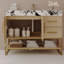 Meuble-lavabo autoportant moderne de 91 cm (36 po) avec comptoir en pierre frittée, lavabo en céramique intégré, armoire en chêne clair, structure en acier inoxydable doré, tiroirs fermés et tablette de rangement ouverte pour salle de bain résidentielle.-1478177131