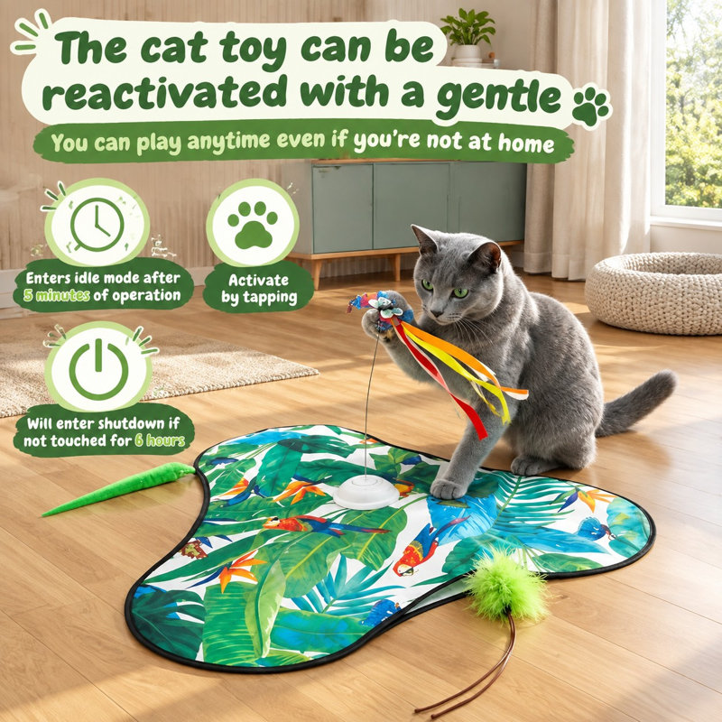 Ce jouet interactif rechargeable vert combine une fonction de couinement réaliste avec des plumes cachées mobiles, et utilise une activation tactile pour faire faire de l'exercice aux chats et chatons adultes d'intérieur qui s'ennuient.