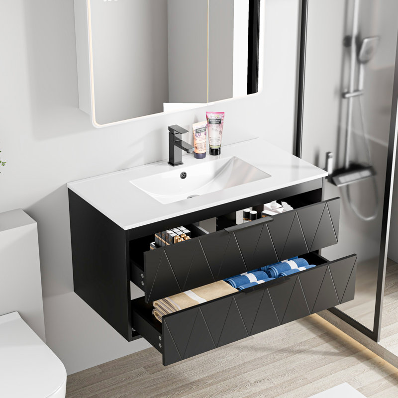 Sharee Wall Mounted Single Bathroom Vanity Set With Sink Top, Zinc Alloy Faucet And Drain, Floating Cabinet With Soft-close Drawers
