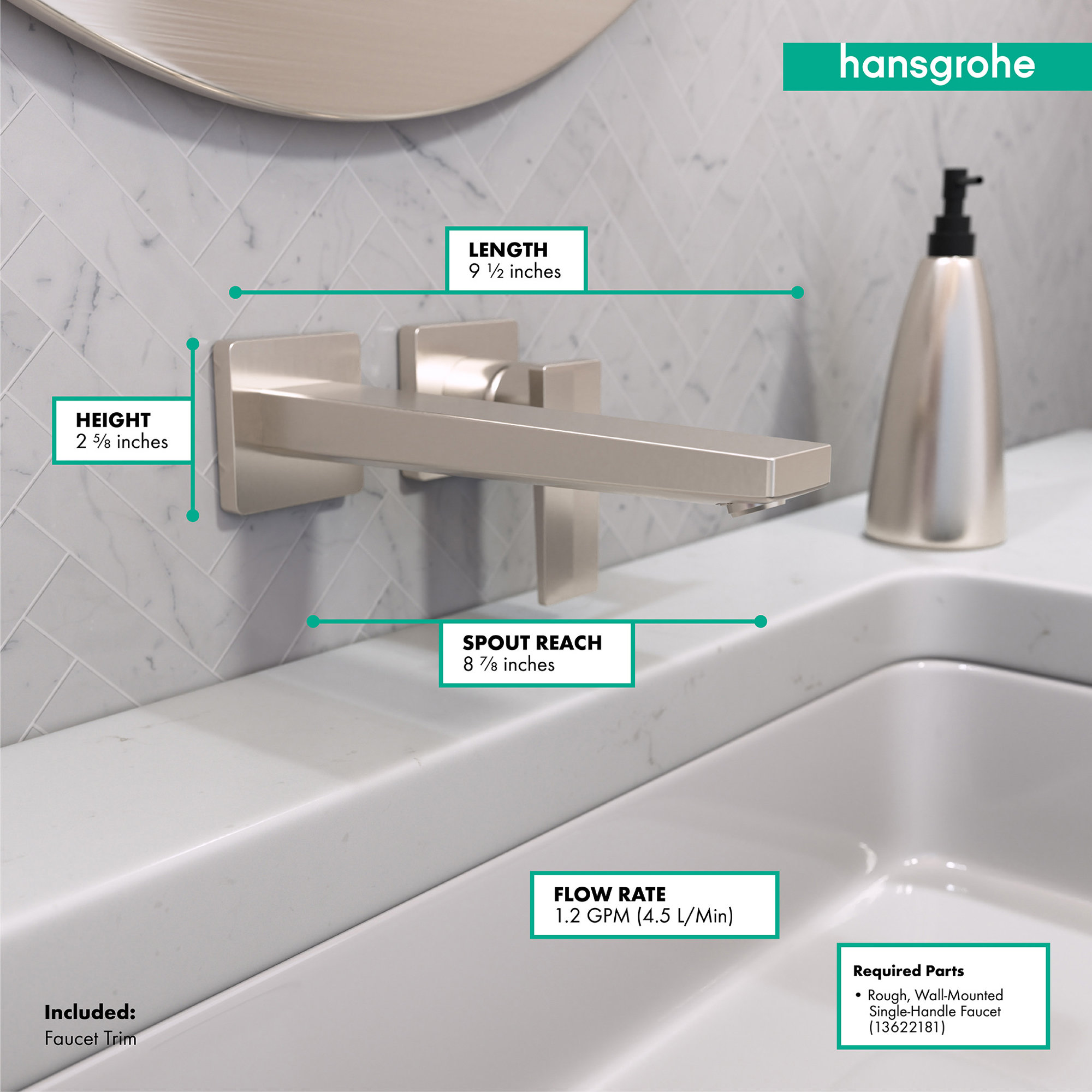 Metropol Low Flow Water Saving Wall Mounted Bathroom Faucet, Brushed Nickel