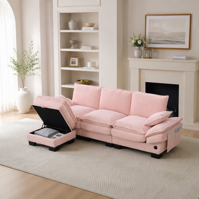 Modular Cloud Sectional Sofa With Deep Seat, Corduroy Upholstery, Dual-Layer Foam Cushioning, USB Charging Ports, And Flexible Reconfigurable Layouts For Living Room, Apartment, Or Office.
