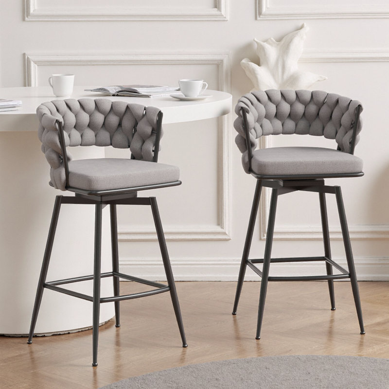 Ensemble de 2 tabourets de bar 28 po en cuir technique brun clair - structure en métal noir avec pivot à 360 ° et repose-pieds