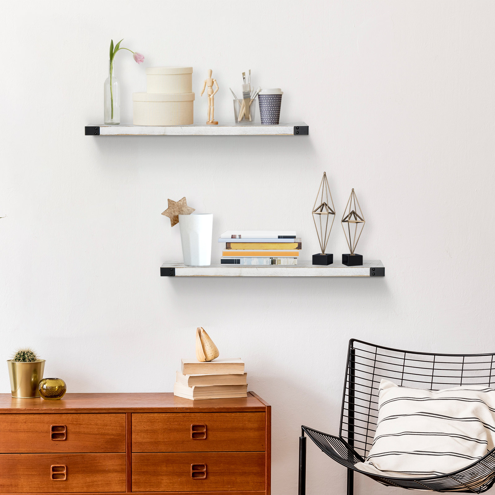 Gracie Oaks Set Of 2 Floating Shelves Wall Mounted (Whitewashed ...