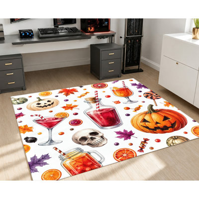 Tapis d'Halloween, motif cocktail de crâne de citrouille, tapis antidérapant de conception artistique, décoration intérieure festive pour salon, chambre à coucher, entrée, cuisine, balcon, appartement