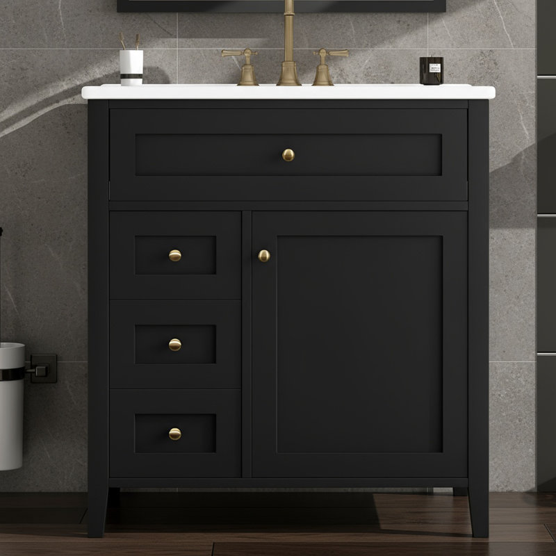 30" Freestanding Single Bathroom Vanity with Ceramic Sink, Soft-Close Doors, 3 Drawers, Adjustable Interior Shelf, Easy Assembly