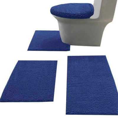 Ensemble de tapis de bain 4 pièces avec couvercle de toilette, tapis de bain à poils longs 3 pièces et tapis de toilette en forme de U bleu marine