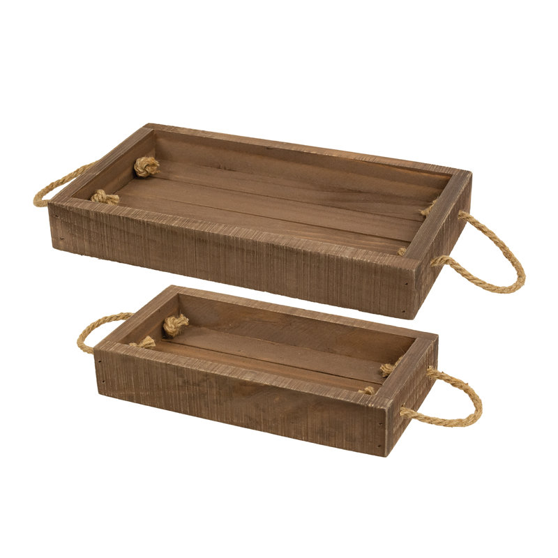 2/Set - Stained Wood Rectangle Trays w/Jute Handles
