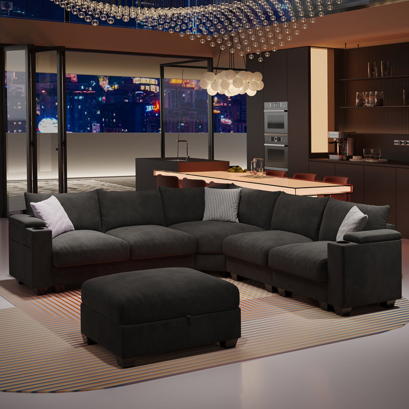 Canapé modulaire en L 107 po, canapé d'angle confortable avec rangement pour repose-pieds, Noir
