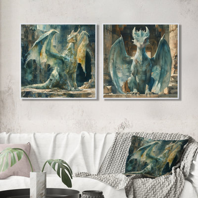 «Green Antique Ruins Dragon I - Dragons», art mural moderne 2 pièces
