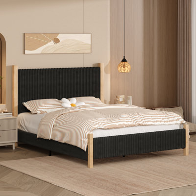 Bed Frame and Headboard, Corduroy Upholstered Bed Frame, Vertical Channel Design Headboard