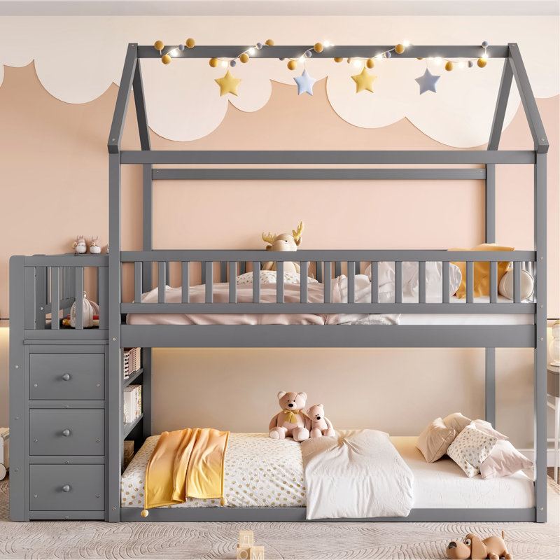 TWIN/TWIN HOUSE BUNK BED WITH SHELVES AND DRAWERS FOR GREY COLOR