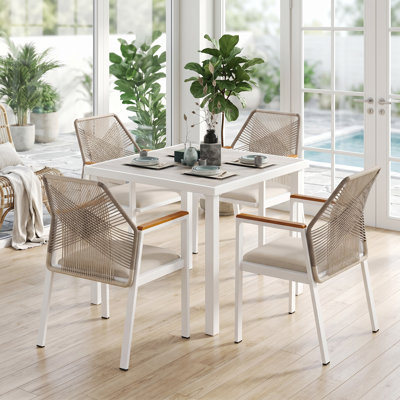 Chaises de salle à manger d'extérieur en aluminium 4 pièces pour patio, chaises en corde tissée toutes saisons avec coussin, structure en aluminium avec fauteuil en bois en plastique pour terrasse, porche, balcon, cour et jardin