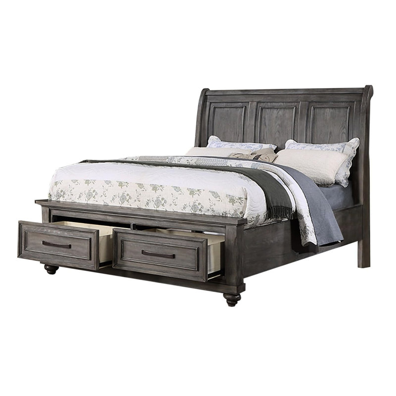Très grand lit avec surface sous le lit, finition grise, rangement de chambre à coucher transitionnel,