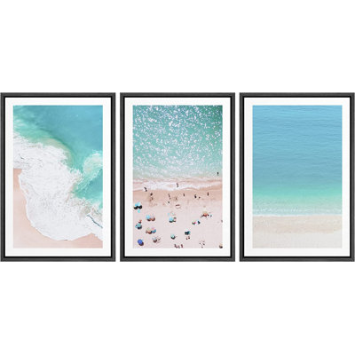 Aerial View Nautical Beach Ocean Wave View Nature - 3 Piece Floater Frame Painting Set on Canvas -  SIGNLEADER