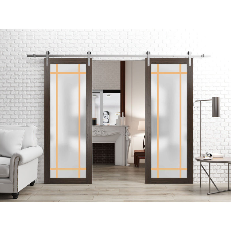 Porte de grange en bois lambrissé sans trousse de quincaillerie d'installation, Cendre chocolat / chrome, 60 po x 80 po
