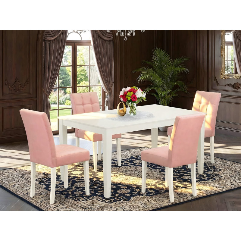 5-Piece Linen White Finish Solid Wood Top - Rectangular Dining Room Set - Seats 4, Pink, White