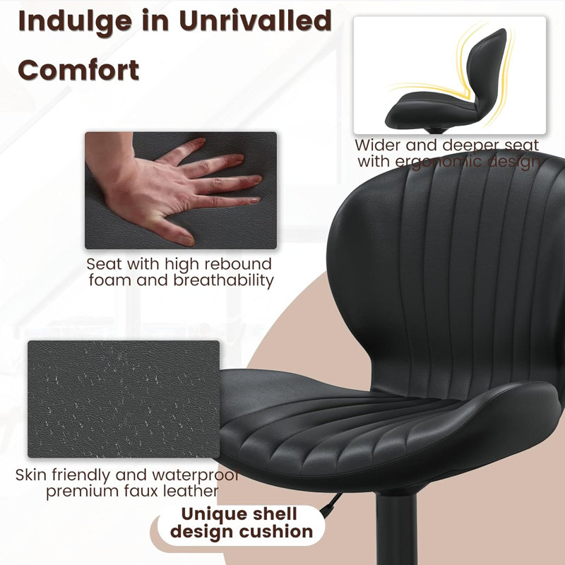 Black Adjustable Swivel Metal and Leather Bar Stools, Set of 2
