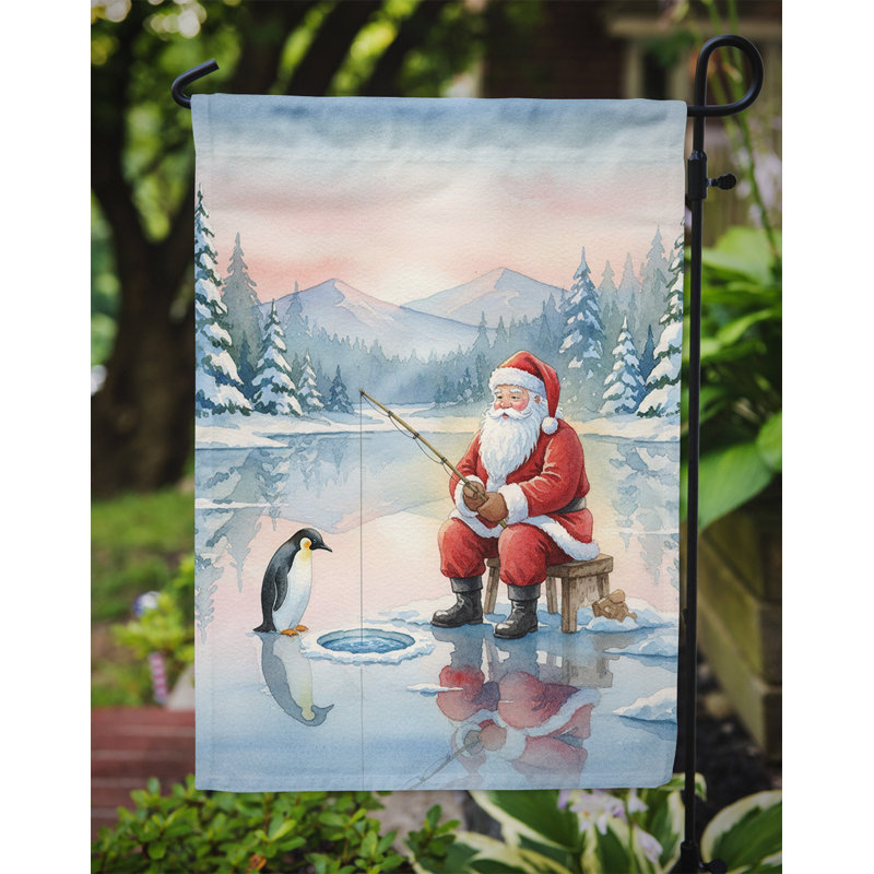 Père Noël pêchant sur la glace sur le lac, drapeau du jardin de Noël, Taille du jardin, Père Noël pêchant sur le lac
