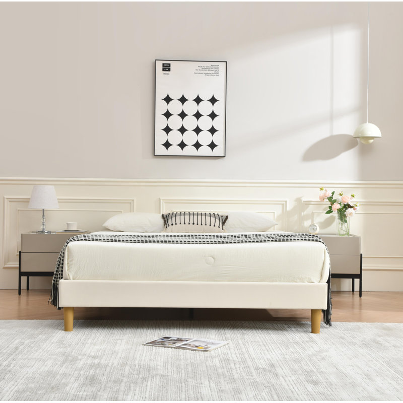 Lit plateforme en tissu d'ameublement, Crème, Grand