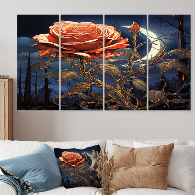 Red Rose Forest Moonlight - Rose Wall Art Decor Set 4 Piece
