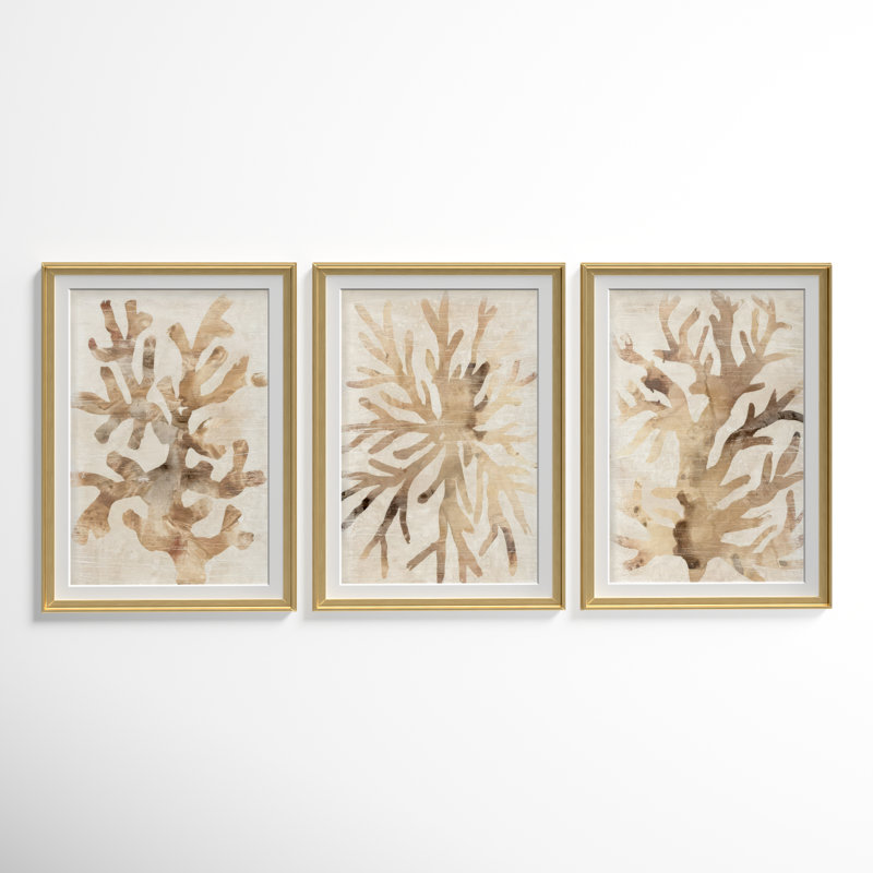 Parchment Coral I - ensemble de 3 cadres photo, Cadre doré, H 24,5 po x l 55,5 po x P 1 po