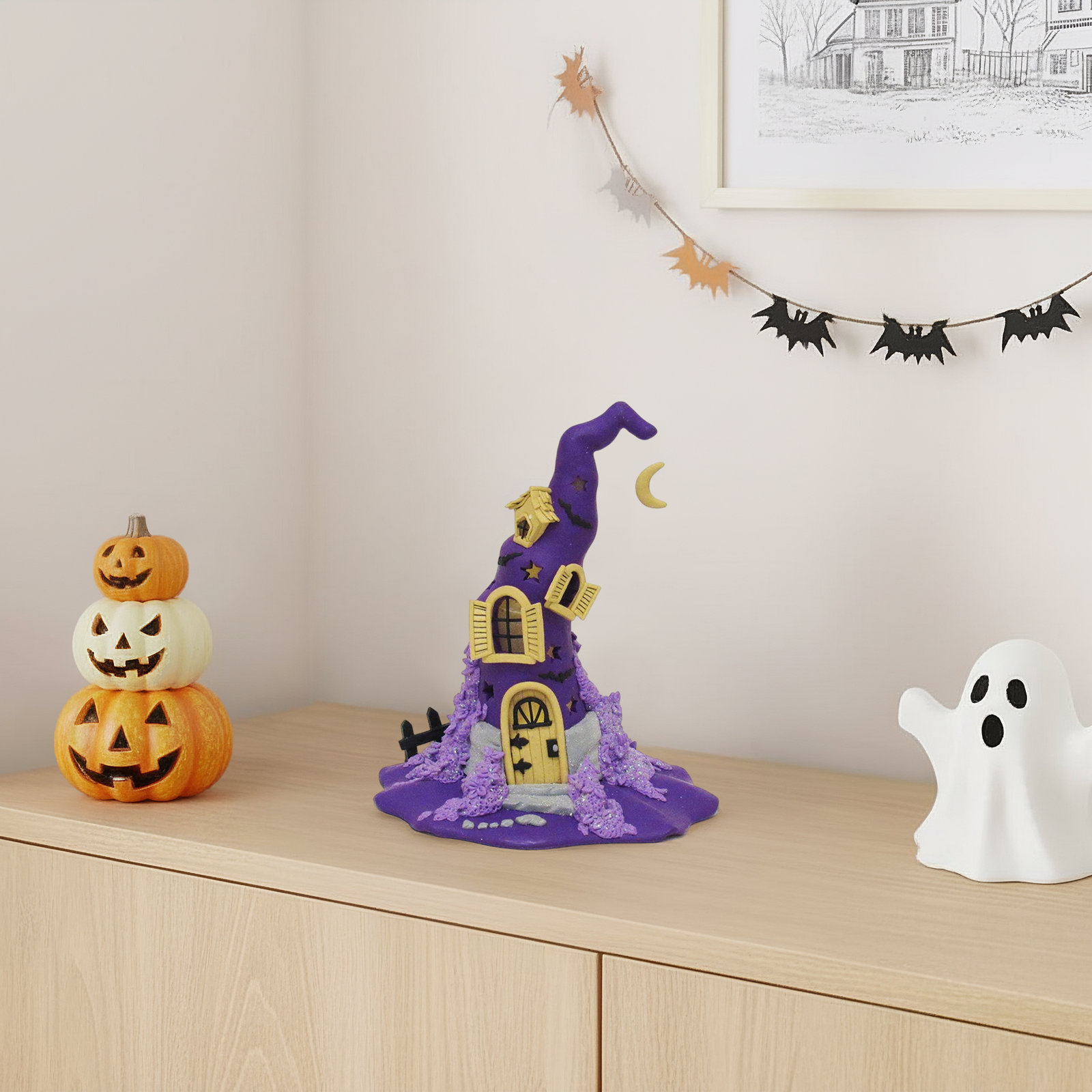 Claydough Halloween LED Witch Hat Tablepiece