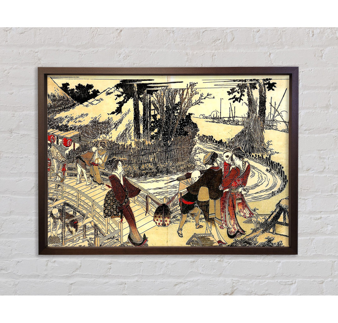 Dorf in der Nähe einer Brücke von Katsushika Hokusai - Einzelbildrahmen Kunstdrucke auf Leinwand